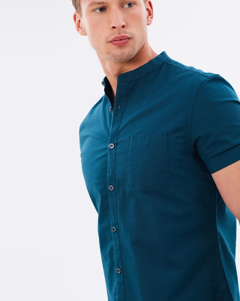 Burton Menswear SS Teal Oxford Grandad Collar Shirt