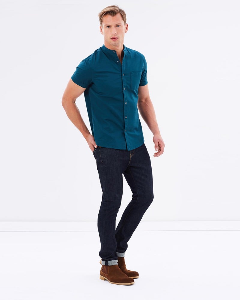 Burton Menswear SS Teal Oxford Grandad Collar Shirt