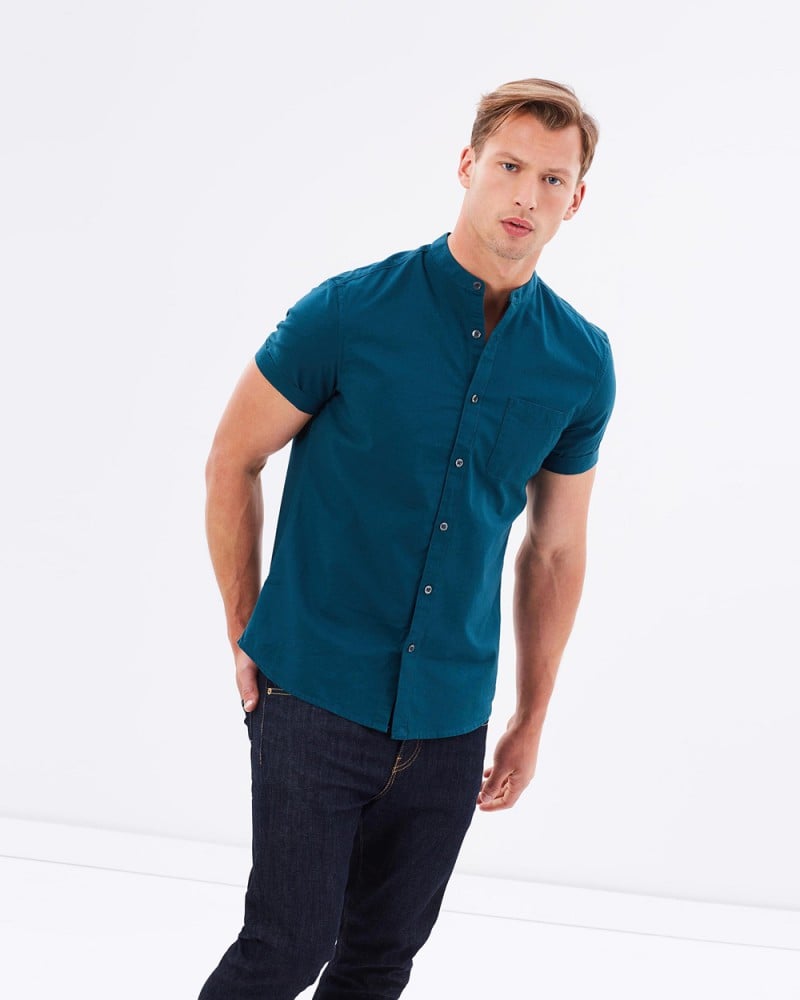 Burton Menswear SS Teal Oxford Grandad Collar Shirt